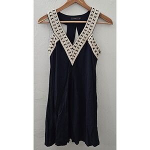 THML Embroided Detail Navy Dress  Knee Length Size Small Side Zip‎ 100% Rayon